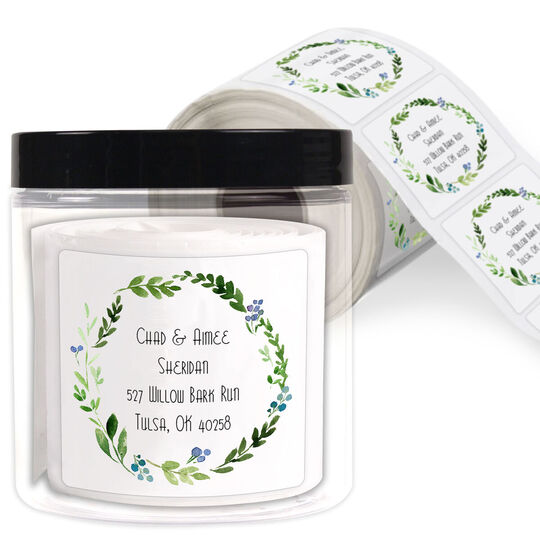 Green Wreath Square Address Labels in a Jar